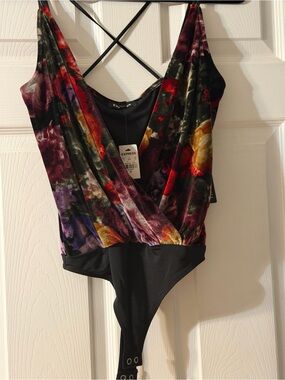 Express Multicolor Velvet Floral Bodysuit with Crisscross Straps